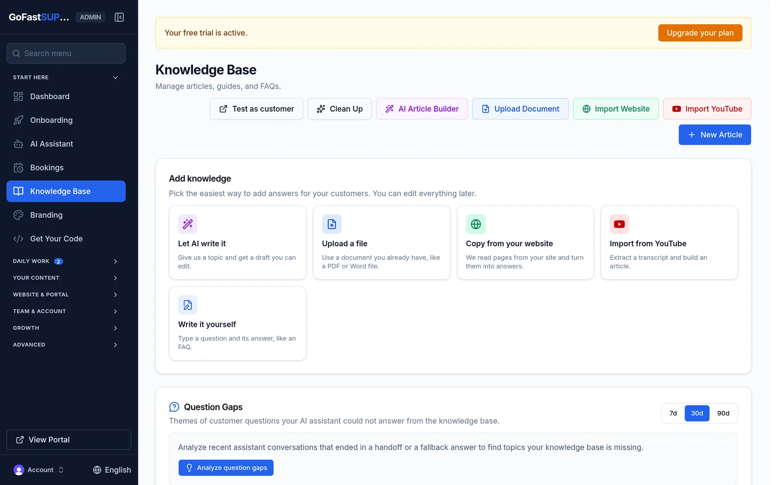 Knowledge Base screen with AI writing, document upload, and website import options